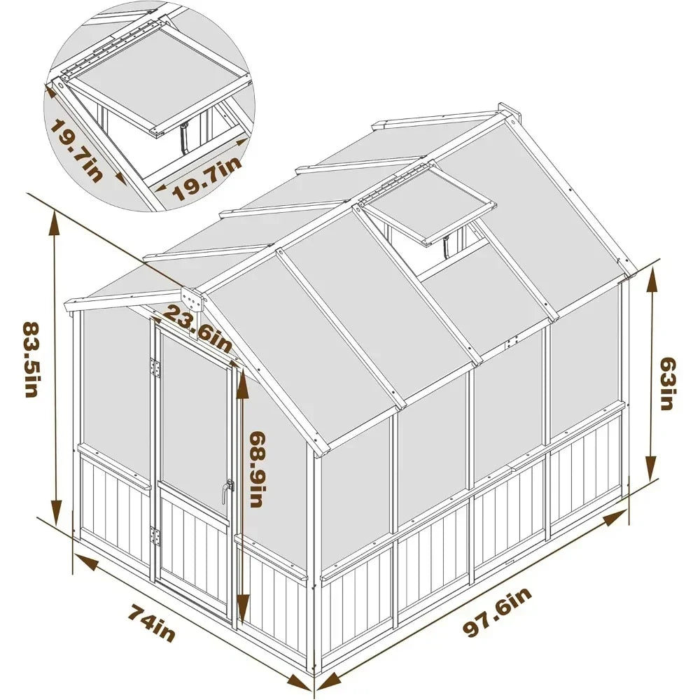 6x8 FT Greenhouse Kit,Adjustable Roof Vent 6MM Thick Polycarbonate Panel Wooden Walk-in Green House with Lockable Door
