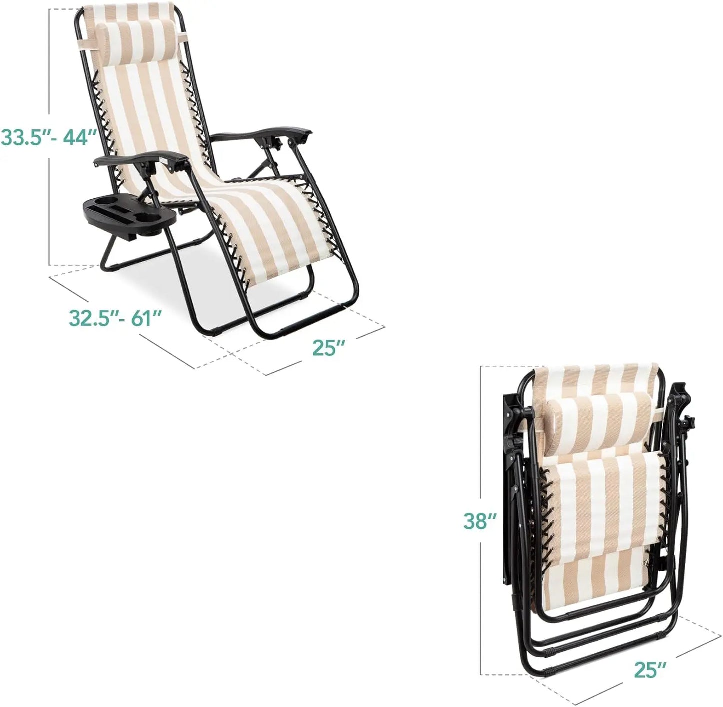 Set of 2 Adjustable Steel Mesh Zero Gravity Lounge Chair Recliners w/Pillows and Cup Holder Trays - Tan Striped