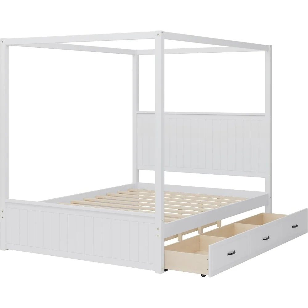 SOFTSEA Queen Size Canopy Platform Bed with Storage Drawers & Trundle, Solid Wood 4-Post Platform Bed Frame with Wood Headboard