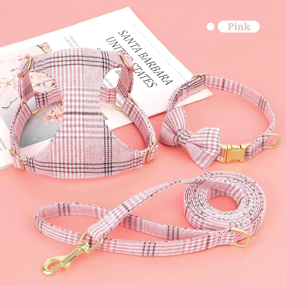 Cute Small Dog Harness Collar Leash Set Adjustable Soft Plaid Design XS Dogs Cats Perfect Walks Parties