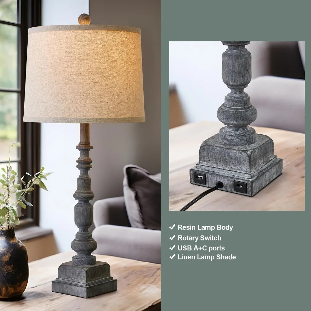 Oneach 27.75" Vintage Farmhouse USB A+C Table Lamps Set of 2 for Living Room Traditional Bedside Lamps for Bedroom Office Mid Ce