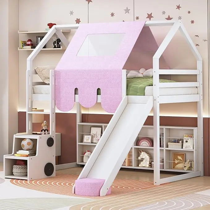 Harper & Bright Designs Kids House Loft Bed with Slide, Twin Size Low Loft Bed with LED Lights & Blackboard, Wood Playhouse Loft