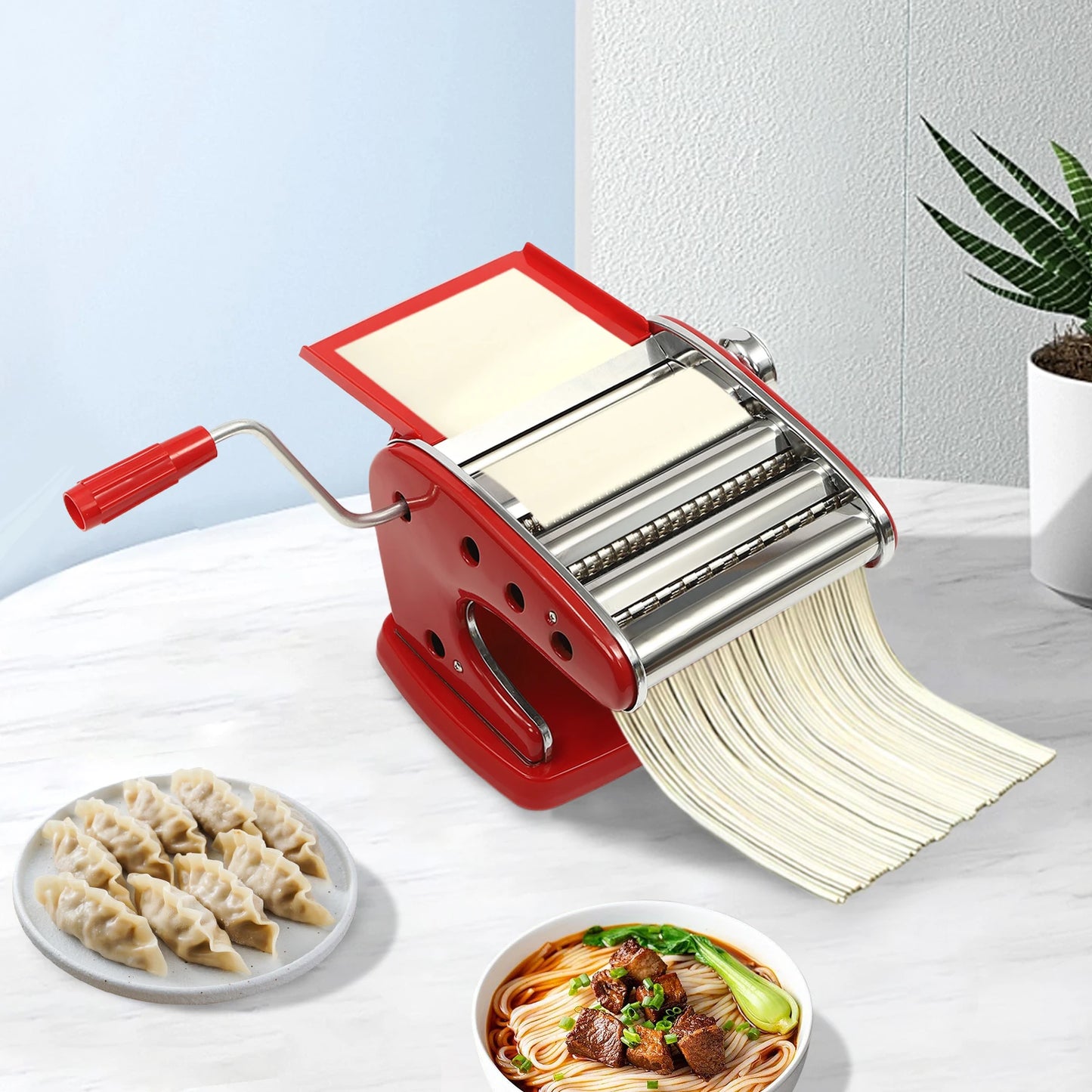 Manual Pasta Maker Machine Stainless Steel Thickness Settings Suction Cup with 6 Adjustable Red