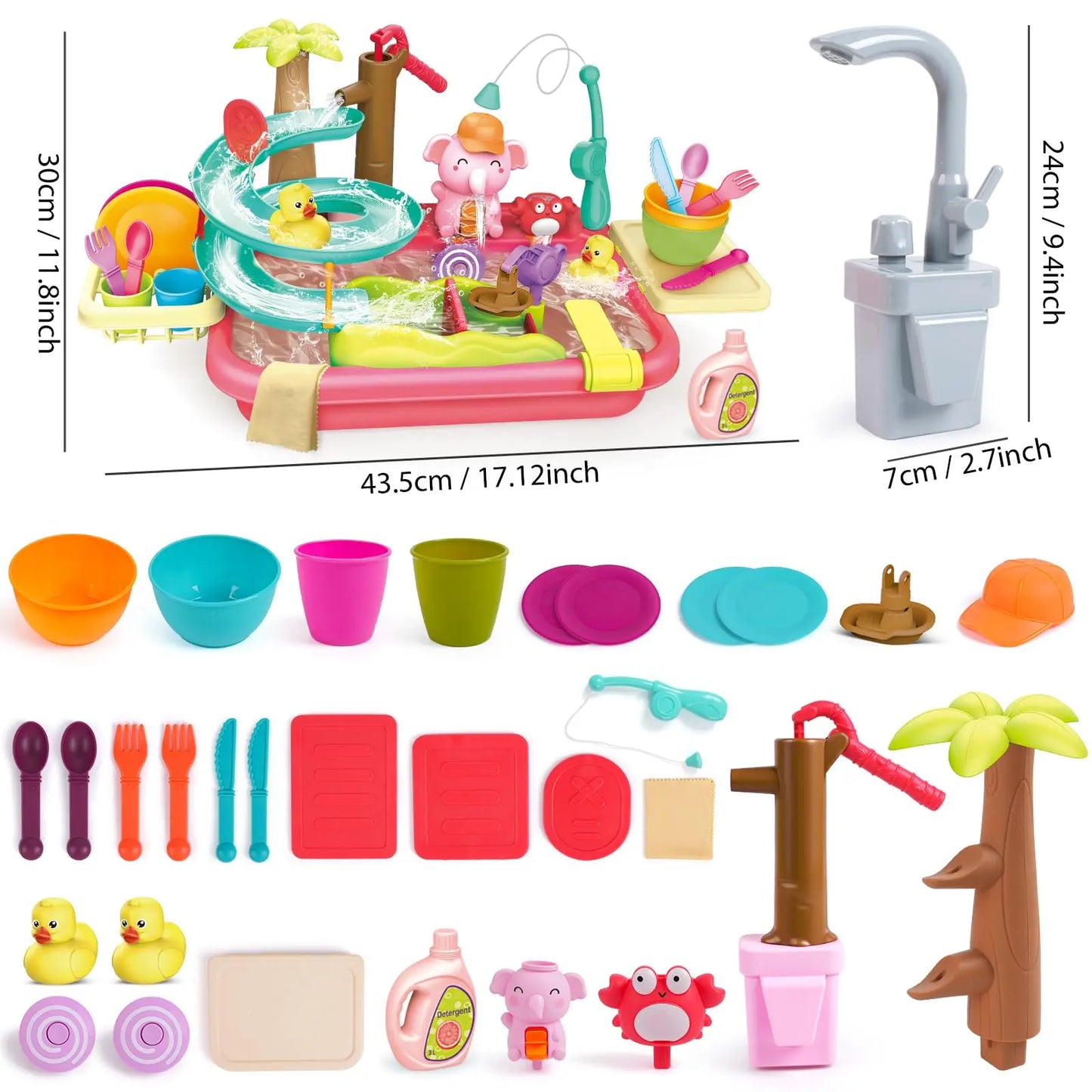 VATOS Electric Faucet Hand Pump-2 in 1 Sink Duck Slide Kitchen Table Sink Toy Pool Float Fishing Game Dishwasher Set for kids