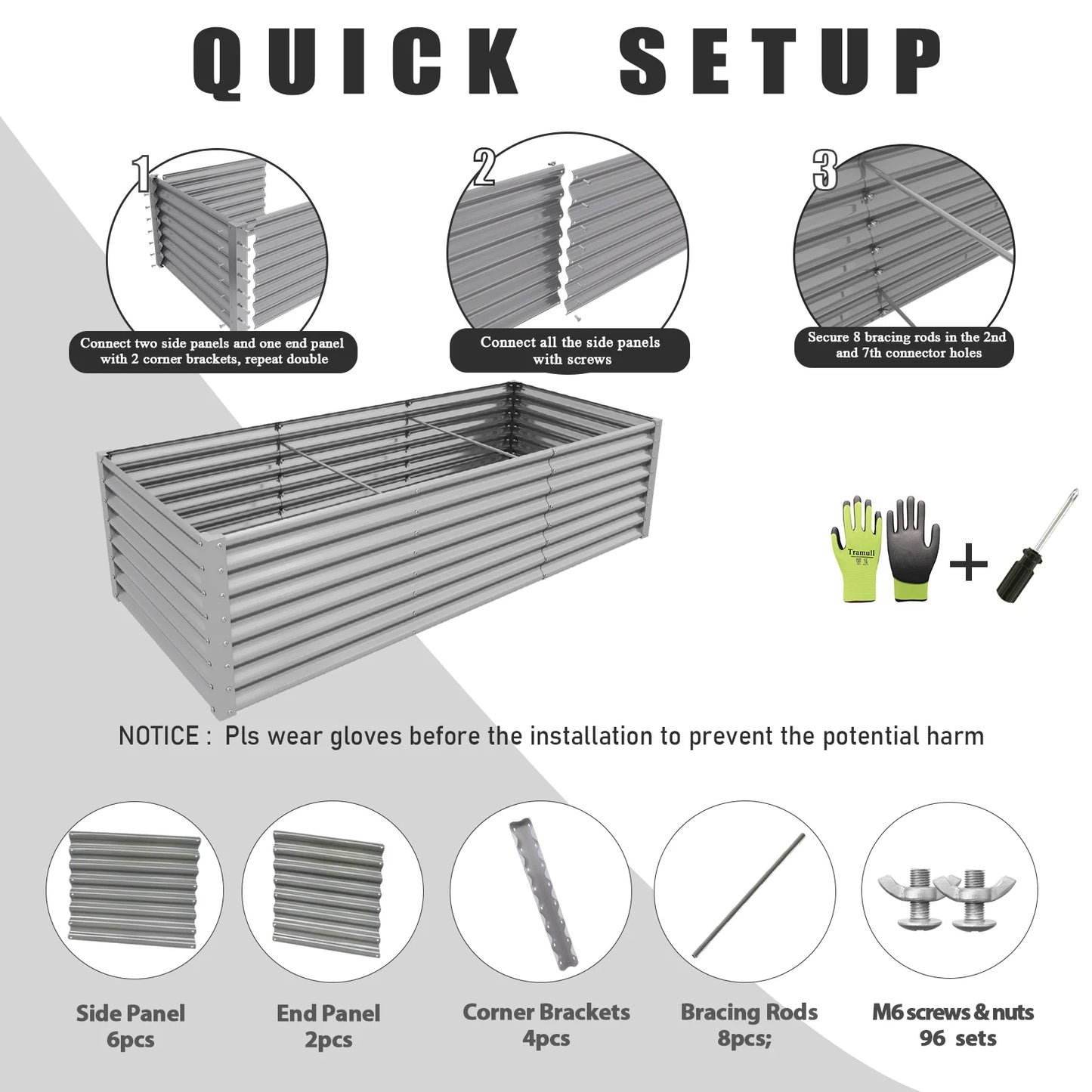 8x3x2FT Galvanized Raised Garden Bed Kit Rectangular Metal Planter Box Outdoor Planter Raised Beds for Vegetables Flowers Herbs