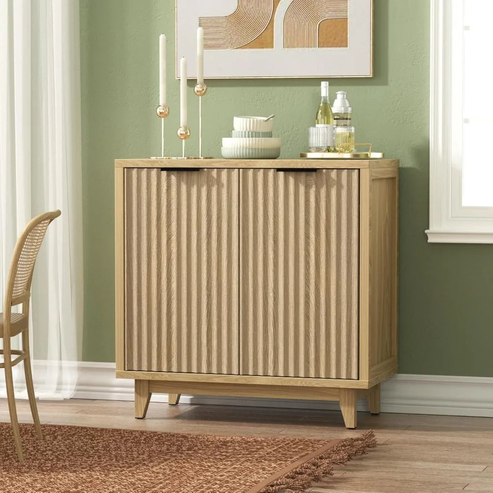 Fluted Cabinet with Storage, 2 Doors Sideboard Buffet, Mid Century Modern Accent Cabinet with Adjustable Shelves, Multifunctiona