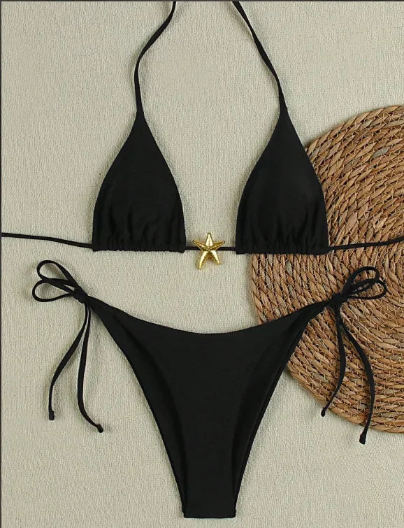2025 New Summer Swimwear Bikini Set Sexy Print Backless Bikini 2 Piece Set Women Laced Up Split Swimsuit High Waist Beach Bikini