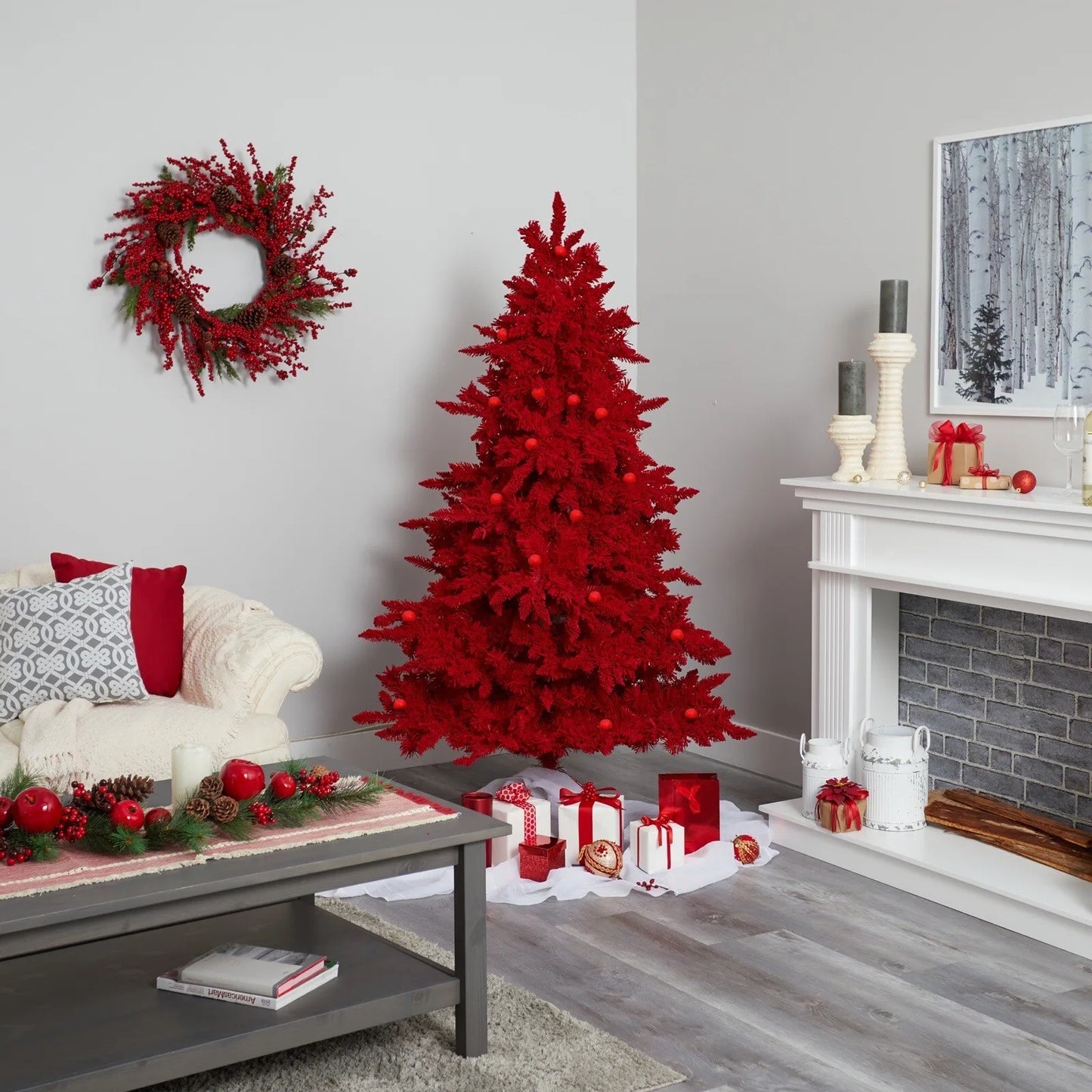 7’ Red Flocked Artificial Christmas Tree w/500 LED’s 40 Globe Bulb.