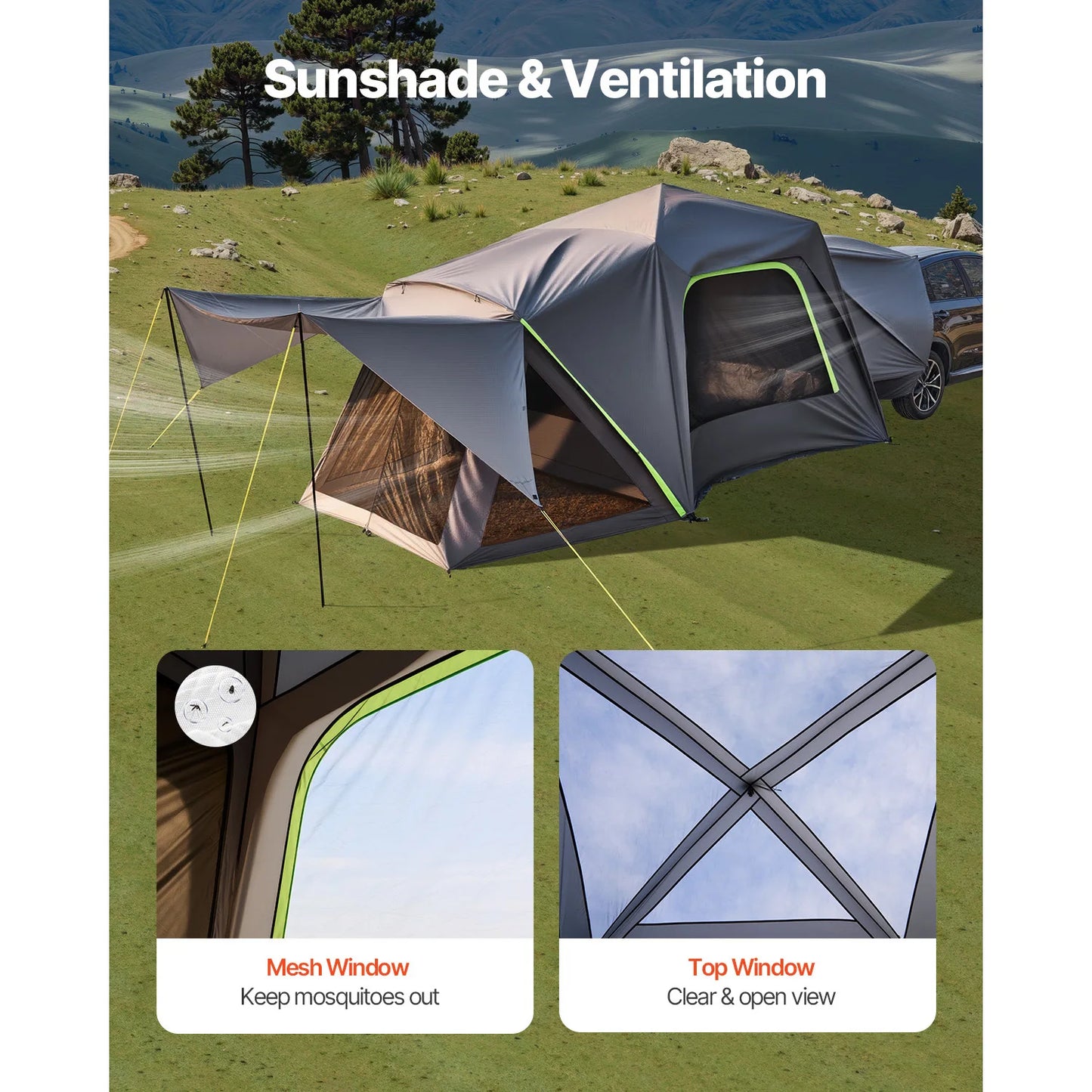 VEVOR SUV Tent for Camping Waterproof PU2000mm Spacious Double Layer Design SUV Camping Tent with Shade Awning and Mesh Windows