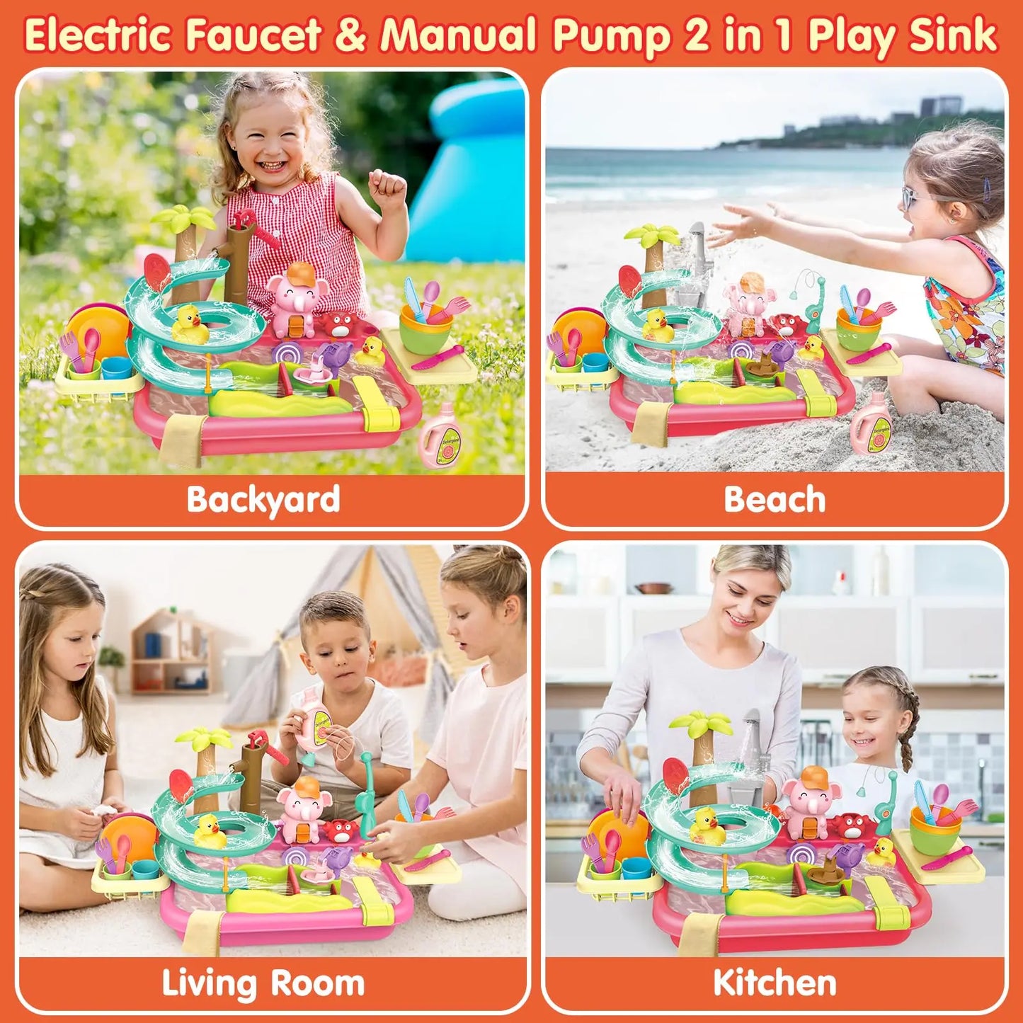 VATOS Electric Faucet Hand Pump-2 in 1 Sink Duck Slide Kitchen Table Sink Toy Pool Float Fishing Game Dishwasher Set for kids