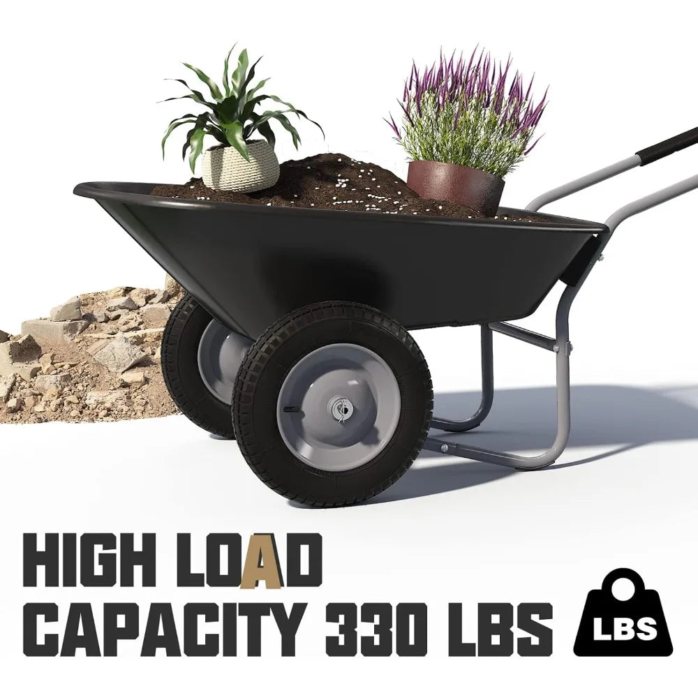 Enlarged 2-Wheel Wheelbarrow, Easy Loading and Dumping Garden Cart, Heavy Duty Utility Dump Cart for Outdoor Lawn Yard Farm Ran