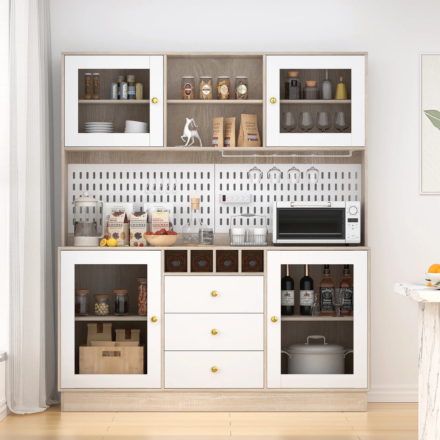 Pantry Cabinet, Kitchen Storage Cabinet, Freestanding Buffet Hutch with Pegboard, Cup Holder, Power Outlet, Black