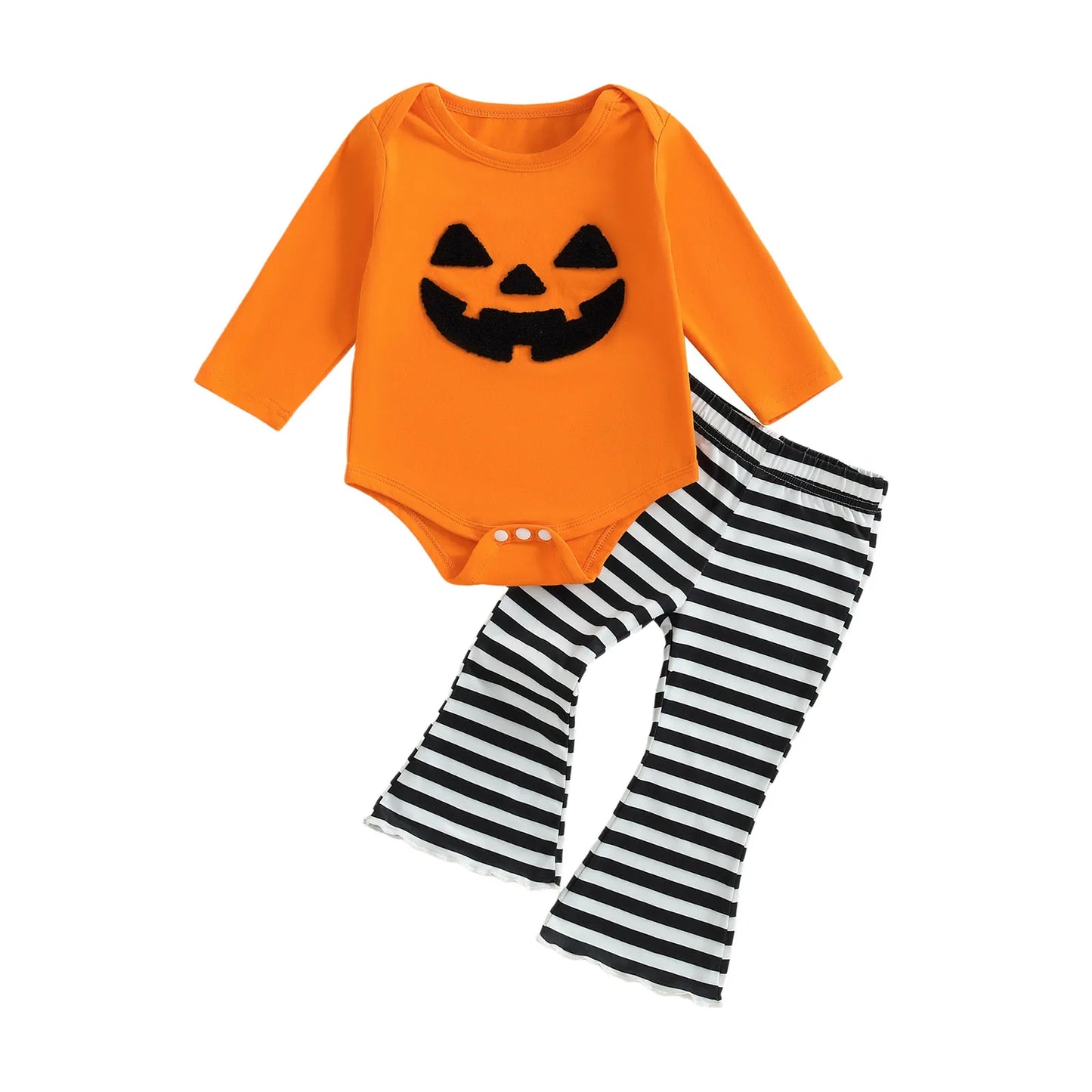 Baby Girl Halloween Bell Bottom Outfit Pumpkin Face Print Long Sleeve Romper + Elastic Waist Stripe Flare Pants 2 Pcs Set