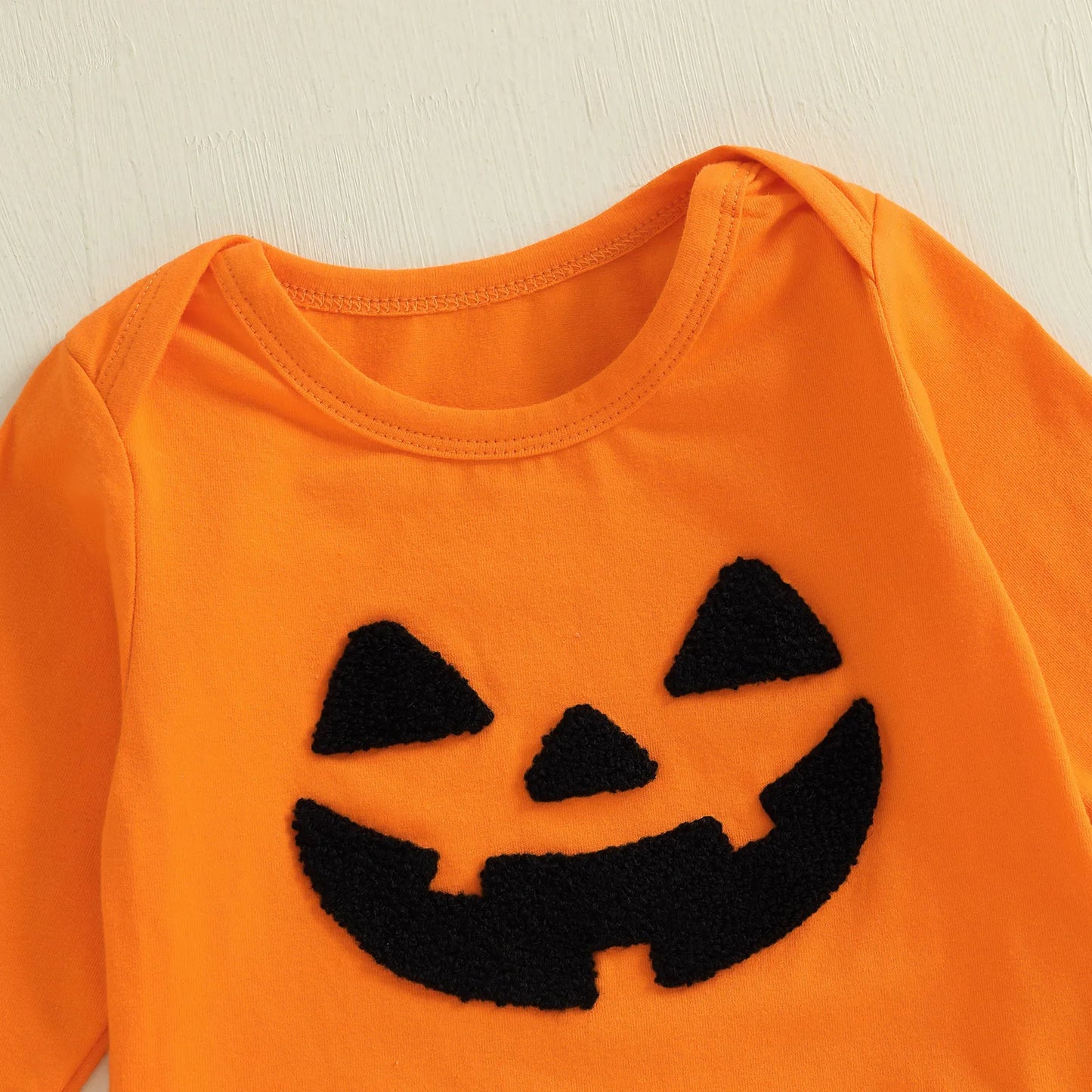 Baby Girl Halloween Bell Bottom Outfit Pumpkin Face Print Long Sleeve Romper + Elastic Waist Stripe Flare Pants 2 Pcs Set