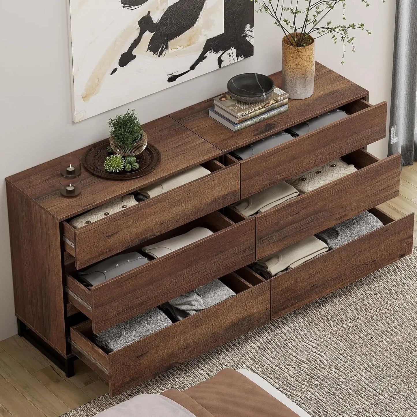 Dresser for Bedroom, Modern Wooden Chest , 6-Drawer Storage and Closet Organizer for Living Room, Hallway, or Entryway, Brown