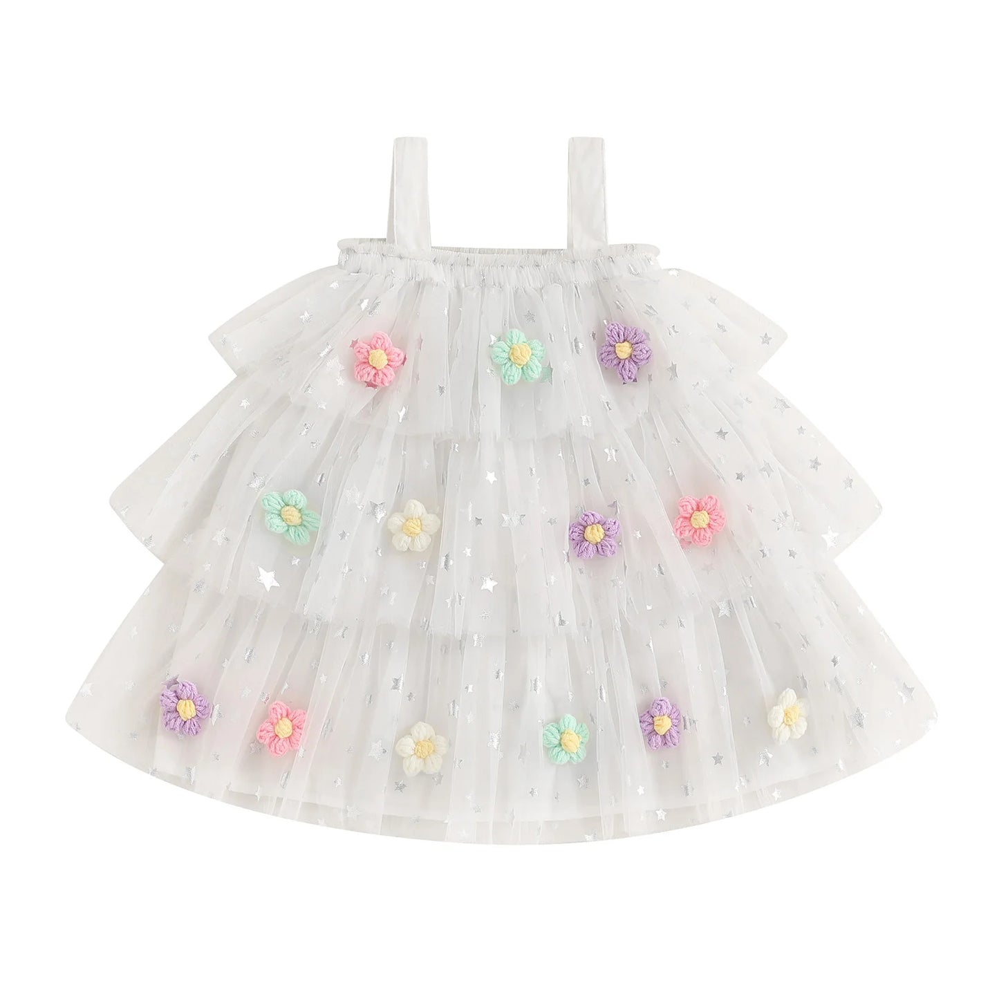 Kids Girls Dress Flower Decor Sequins Star Sleeveless Layered Tulle Casual Dress Toddler Summer Dress