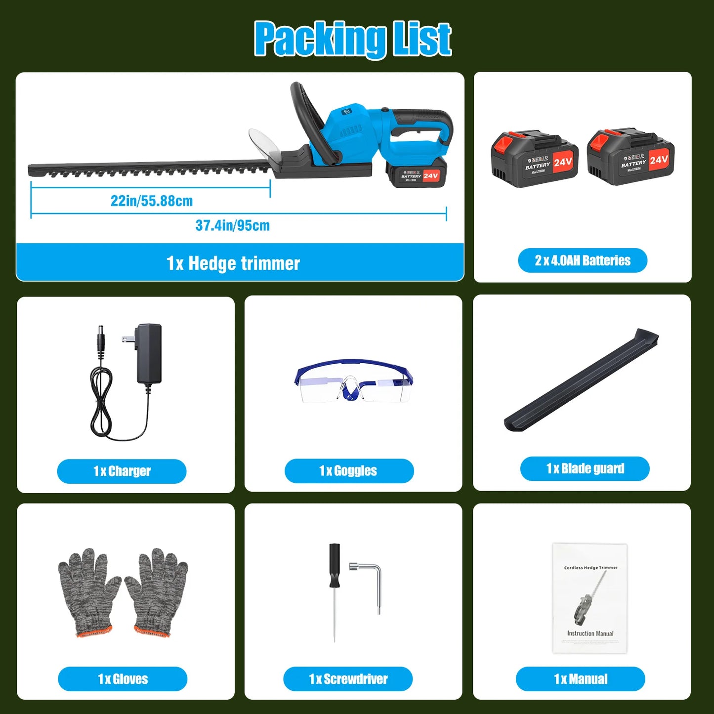 22-Inch Cordless Hedge Trimmer Lawn Mower –24000r/min Portable Hedge Cutter with 4000mAh Batteries for Lawn Garden Yard Tools