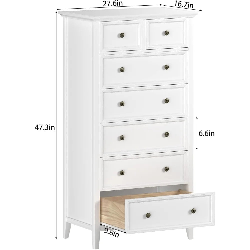 White 7 Drawer Tall Dresser, Tall Solid Wood Large Storage Cabinet, Modern Simple White Tall Chest of Drawer for Bedroom Living