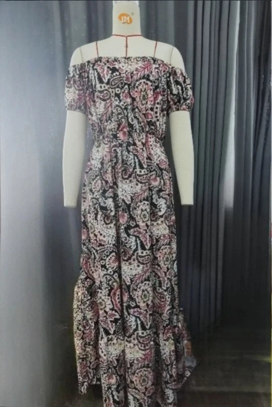 Sweet Slash-neck Print Dress for Women Summer Vintage Elegant Bare Shoulder Long Dresses Women Boho High Waist Vacation Dress