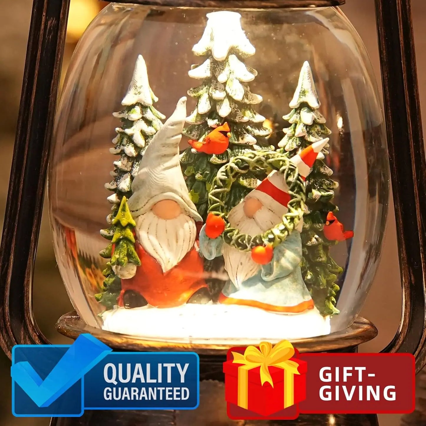 Gnomes Snow Globe Christmas Decorations, Light Up Musical Christmas Snow Globes Lantern with Glitter & 6H Timer