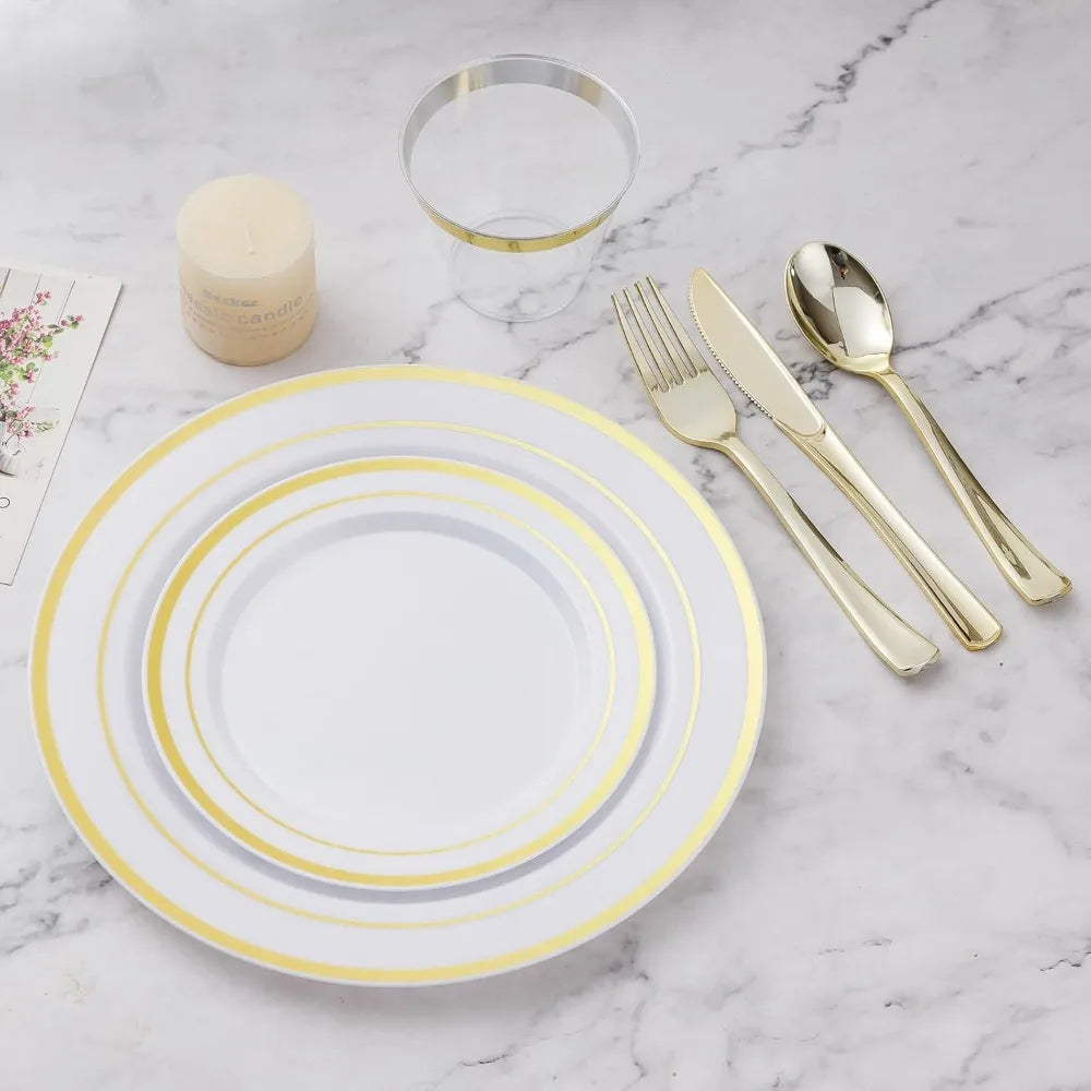 NEW Gold 600PCS Dinnerware Set for 100 Guests,Plastic Plates,100 Gold Disposable Plates,Dessert Plates,Cups,Spoons, Forks&Knives