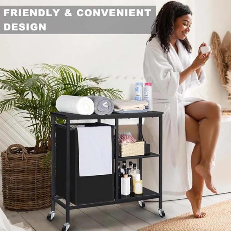 Pull-Out Laundry Basket with Shelf and three Shelf,Laundry Basket Organizer Section with Removable Laundry Bags for clothes