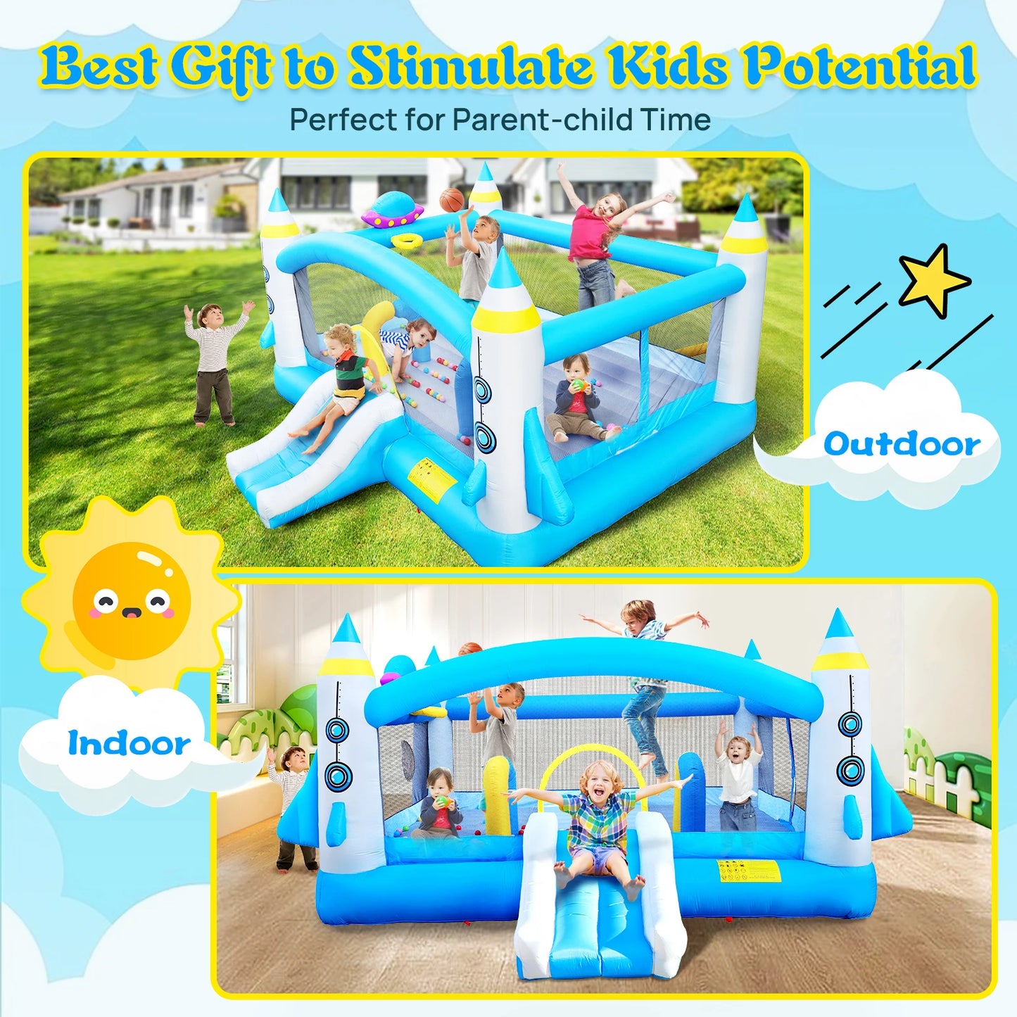 Kids Inflatable Bounce House With Long Slide Bouncing Area Basketball Hoop Heavy Duty Oxford Fabric Family Backyard Bouncy Castl