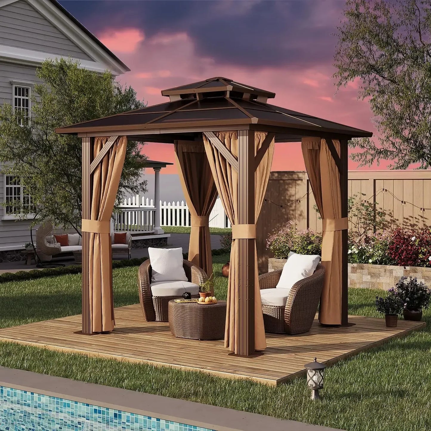 Gazebo, 12'x16' Hardtop Outdoor Polycarbonate Double Roof Canopy, Aluminum Frame Permanent Pavilion, Lawns, Gazebo