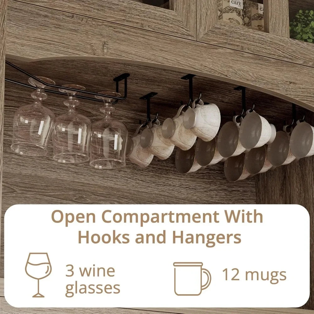 Kitchen Pantry with Power Outlets, Farmhouse Storage Cabinet, Coffee Bar with Glass Doors and Glasses Holder, Large Drawer