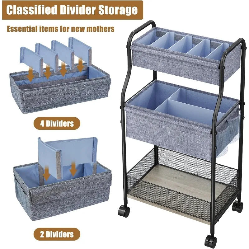 3-Tier Baby Diaper Caddy Organizer and Storage Cart with 4+2 Dividers, Mobile Metal Utility Cart with Rolling Wheels for Nursery