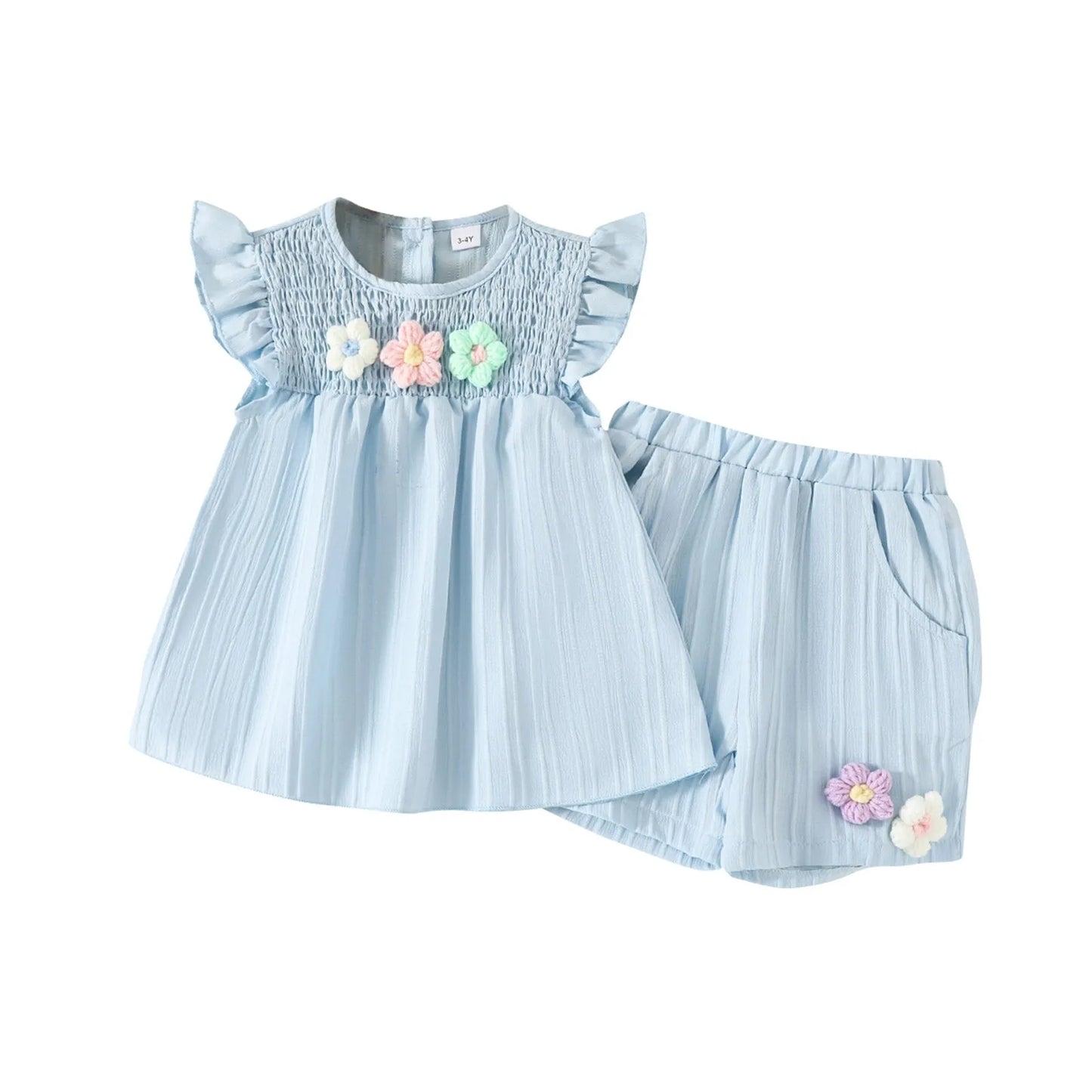 Girls' Summer Fashion Set Children's Flower Print Flying Sleeve Top+Shorts Two Piece Cute Little Girl Refreshing Set