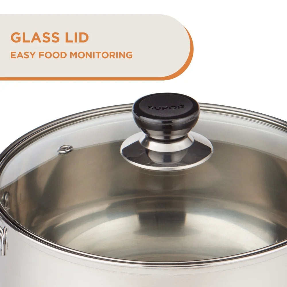 4.3QT Stainless Steel Saucepot with Glass Lid Induction Compatible Durable Construction Insulated Handles Easy Cleaning Ideal