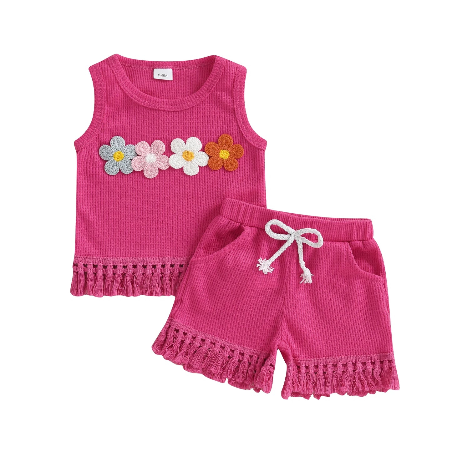 Adorable Toddler Girl Summer Outfits with Floral Embroidery and Tassel Hem Sleeveless Tank Top and Elastic Waist Shorts