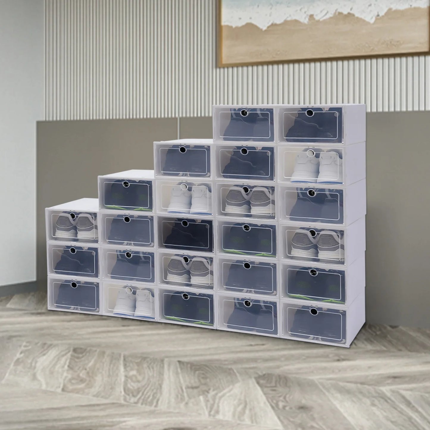 24 Pack Stackable Shoe Boxes, Plastic Shoe Boxes Foldable Reusable White with Lid for Small Spaces, Dorms, Small Equipment