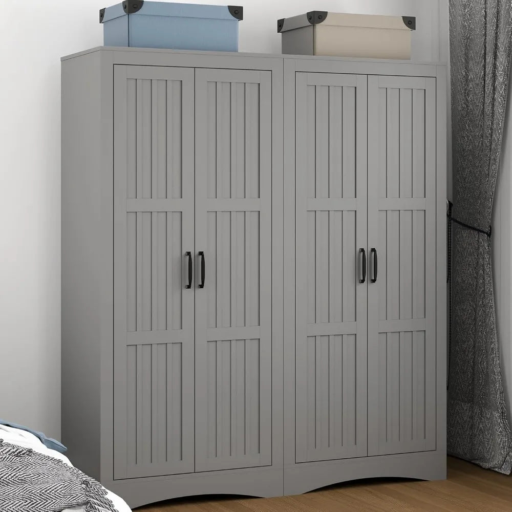 Wardrobe Closet with 4 Doors, Wooden Modern Freestanding Armoire with Shelves and Hanging Rod, Clothes Organizer Cabinet for Bed
