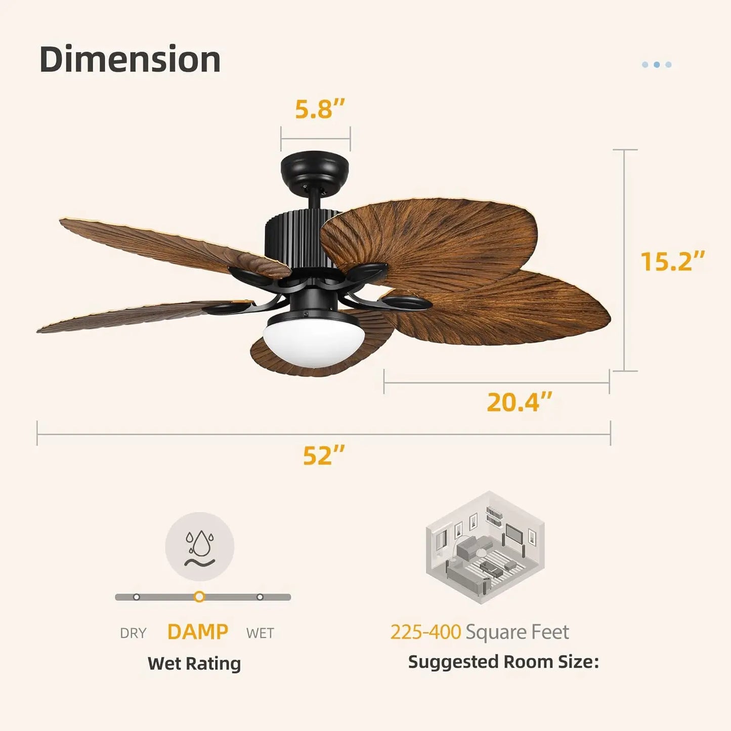Tropical Ceiling Fan with LED Light and Remote Control 52 Inch Palm Reversible Fan with Memory Function 5 Leaf Blades- Walnut