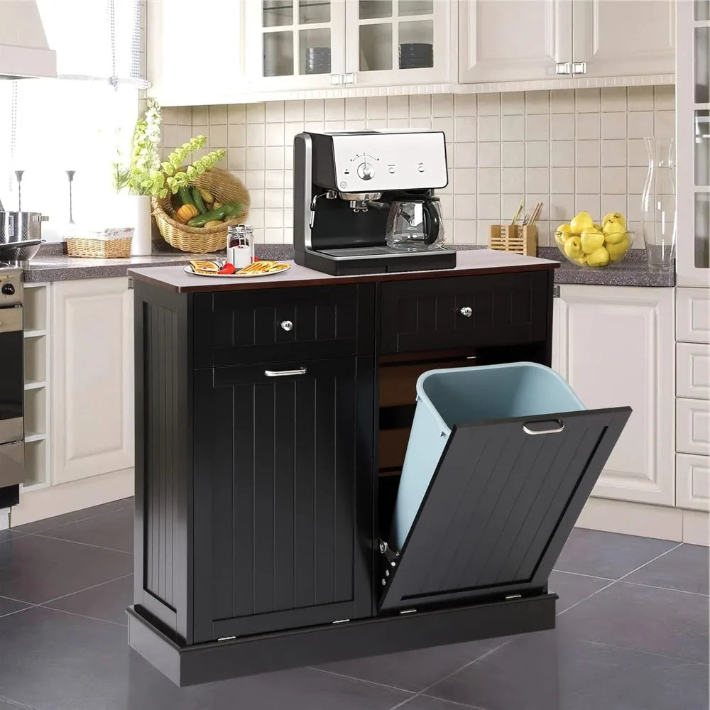 Tilt Out Trash Can Cabinet Dog Proof with Double Wood Hidden Trash Can Holder, Kitchen Free Standing Recycling Cabinet(Black)