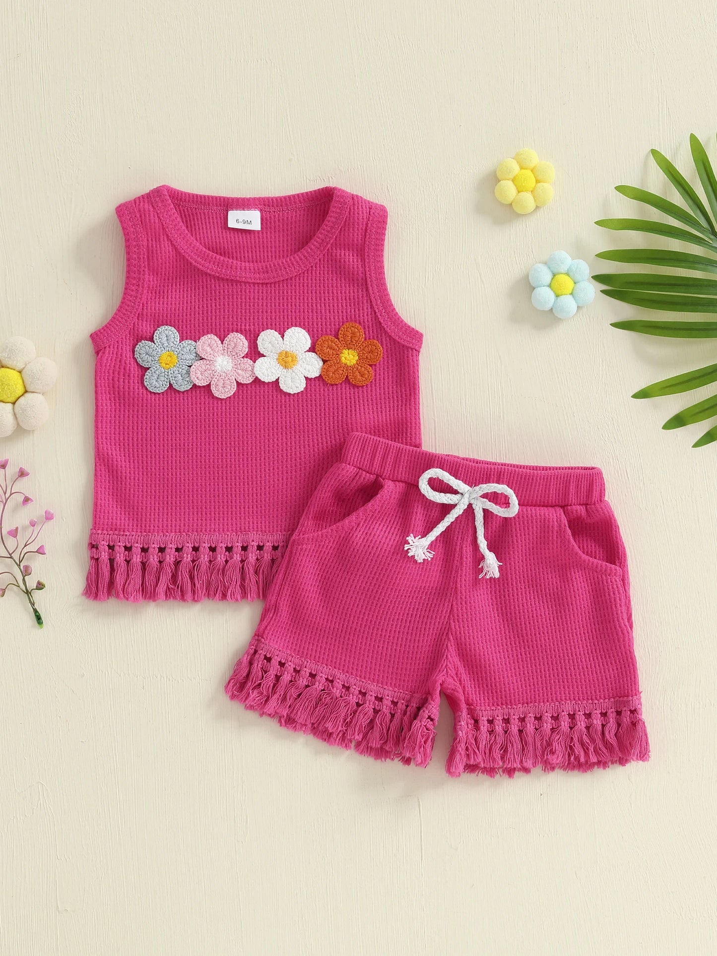 Adorable Toddler Girl Summer Outfits with Floral Embroidery and Tassel Hem Sleeveless Tank Top and Elastic Waist Shorts