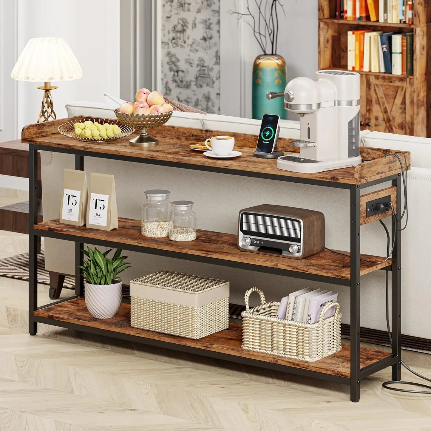 IRONCK Console Table, Sofa Table with Power Outlet, Farmhouse Hallway Table for Entryway, Living Room, Height Adjustable, 55"