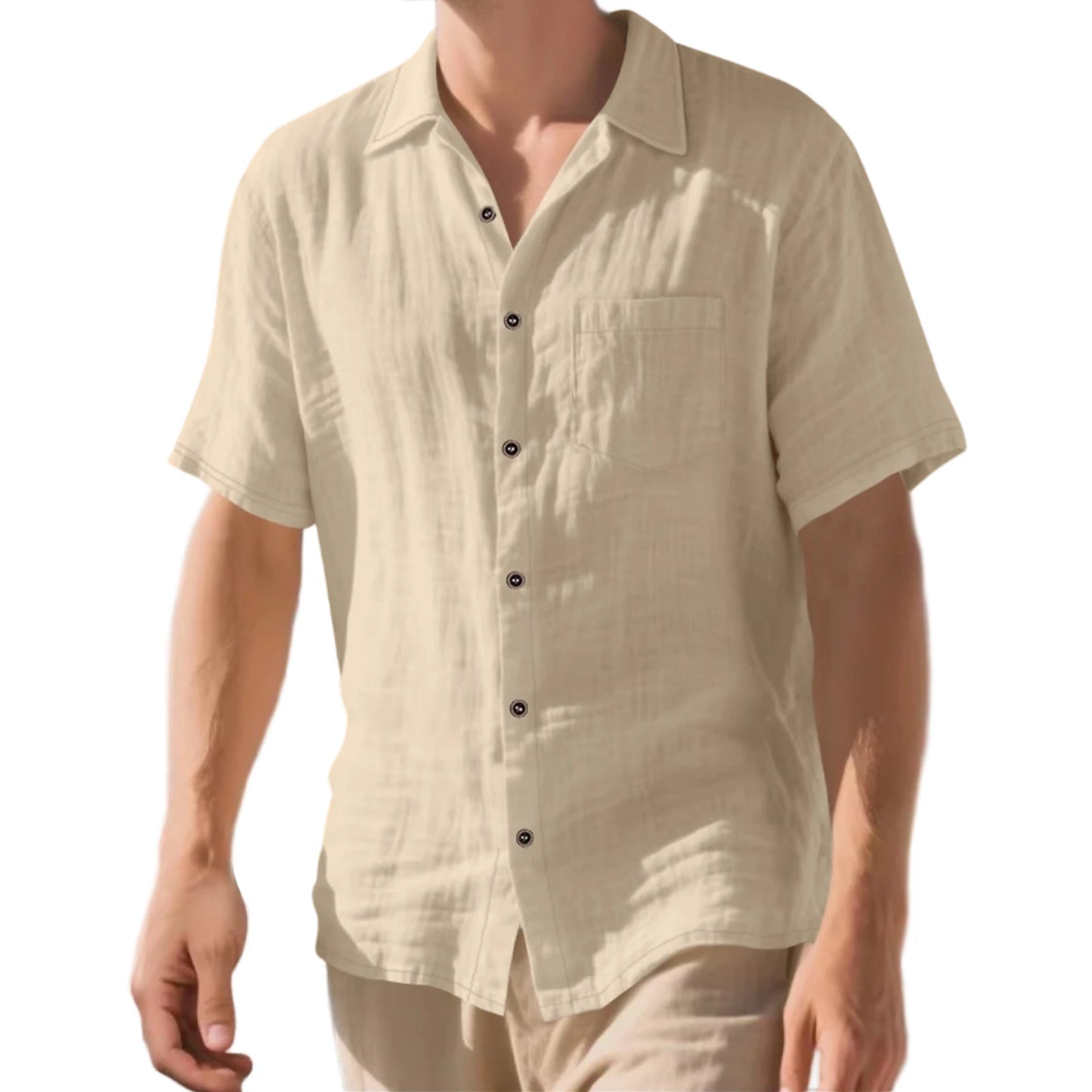 Men s Lightweight Linen Short Sleeve Button-Down Shirt Casual Solid Color Breathable Summer Tops Loose Fit Lapel Collar