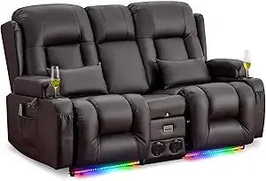 Power Loveseat Recliner Sofa with Vibrating Massage and Heat, Home Theater Seating RV Couch with Flipped Backrest Console, LED L