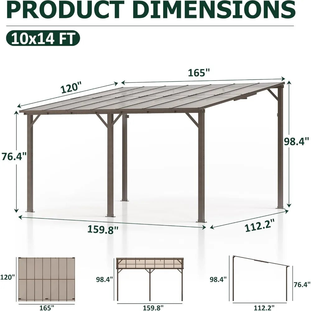 10x14 FT Wall Mounted Gazebo, Lean to Gazebo Hard Top, Decks, Porch and Backyard