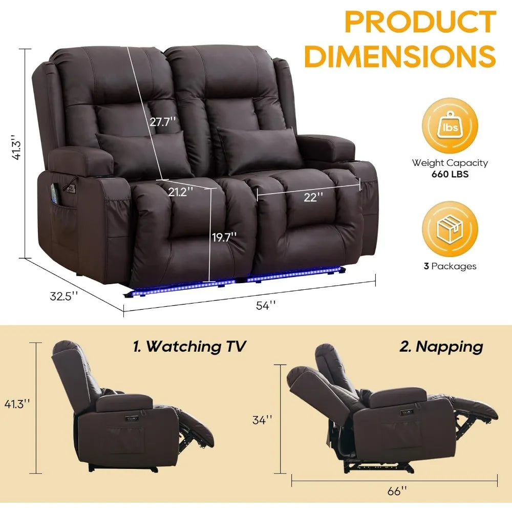 54" Power Loveseat Recliner Sofa, Electric Home Theater Seating with Massage Heat/4 Colors Ambient Lights/USB Port/Side Pocket/