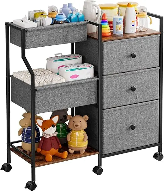 Baby Diaper Caddy Organizer and Storage - 3 Tier Rolling Cart with Dividers and Drawers, Easy To Assemble, Mobile Utility Cart w