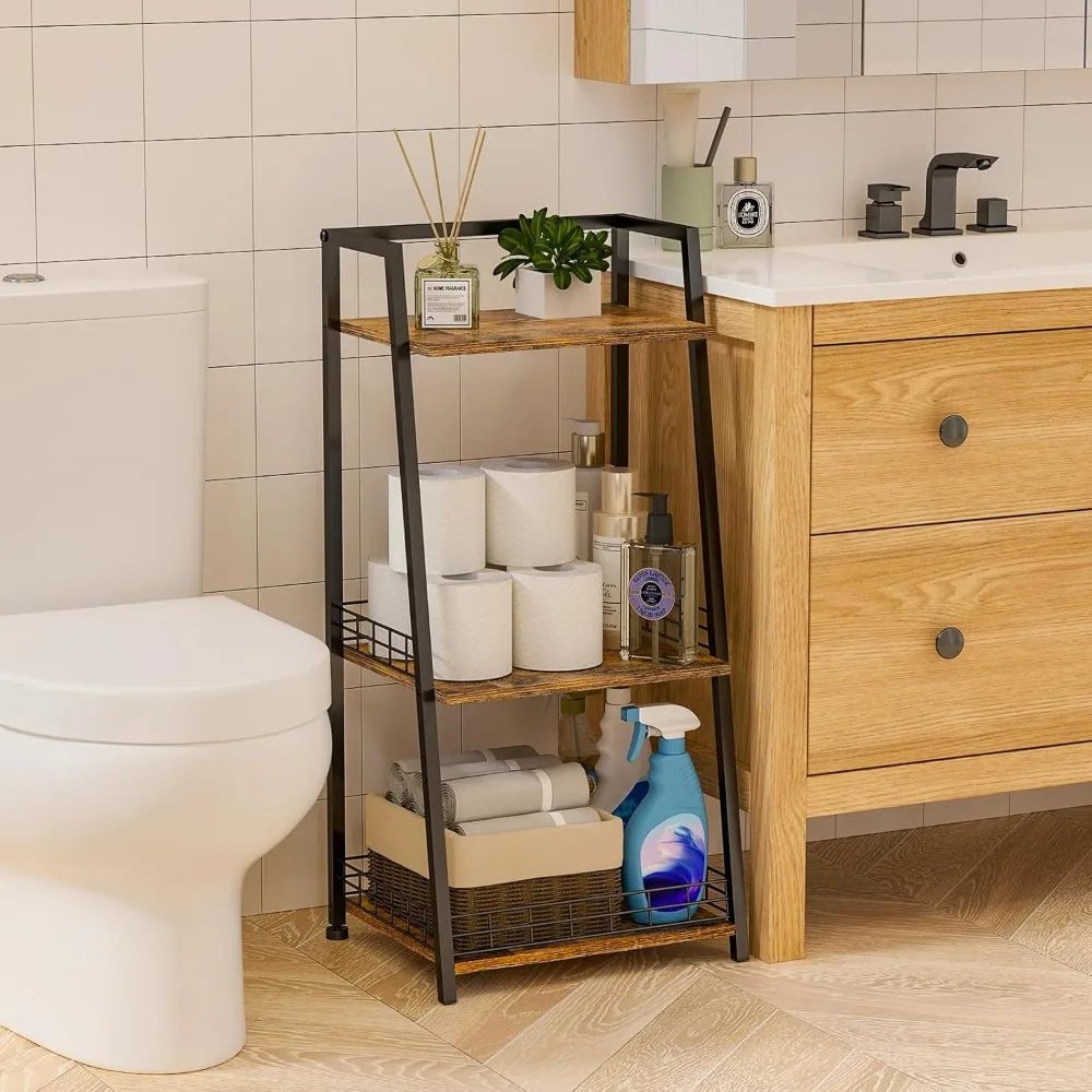3-Tier Bathroom Shelf with Fence, Retro Bathroom Organizers and Storage Stand, Wood Shelving Unit with Metal Frames, Classic Ope