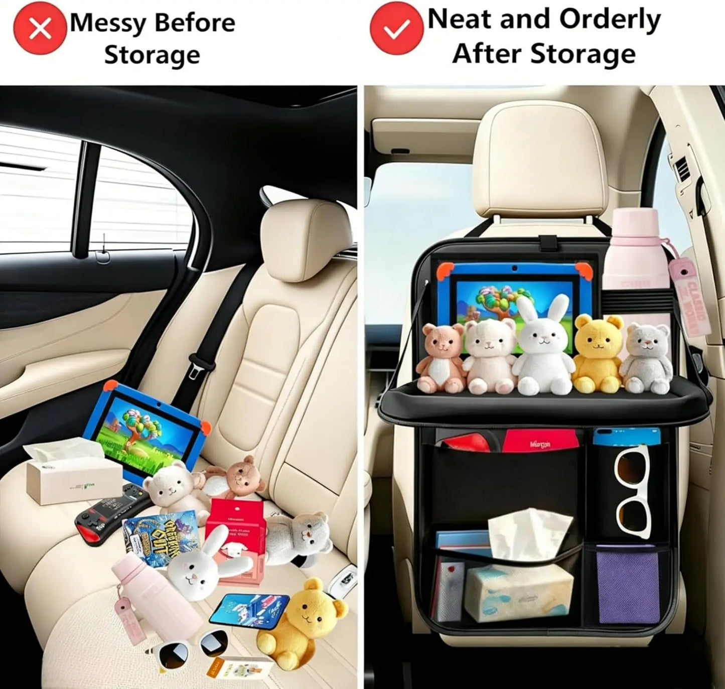 Car Seat Organiser Back Seat Kick Protector with Tray and Tablet Storage for Kids, 2 Pack