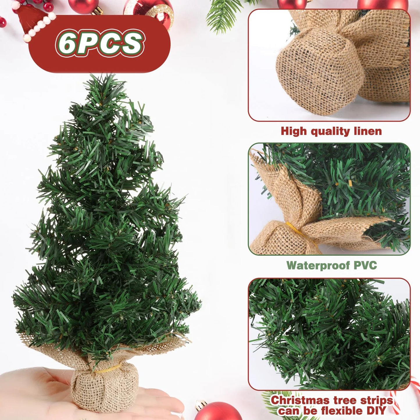 6pcs Mini Christmas Tree With Burlap Base 20cm small trees Decor Desktop Window Display Home Party Christmas Holiday Decoration