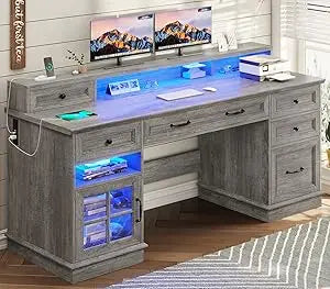 Elegant Farmhouse-Style Office Desk with File Cabinet, Computer Workstation featuring Charging Dock and LED Lighting, Complete H