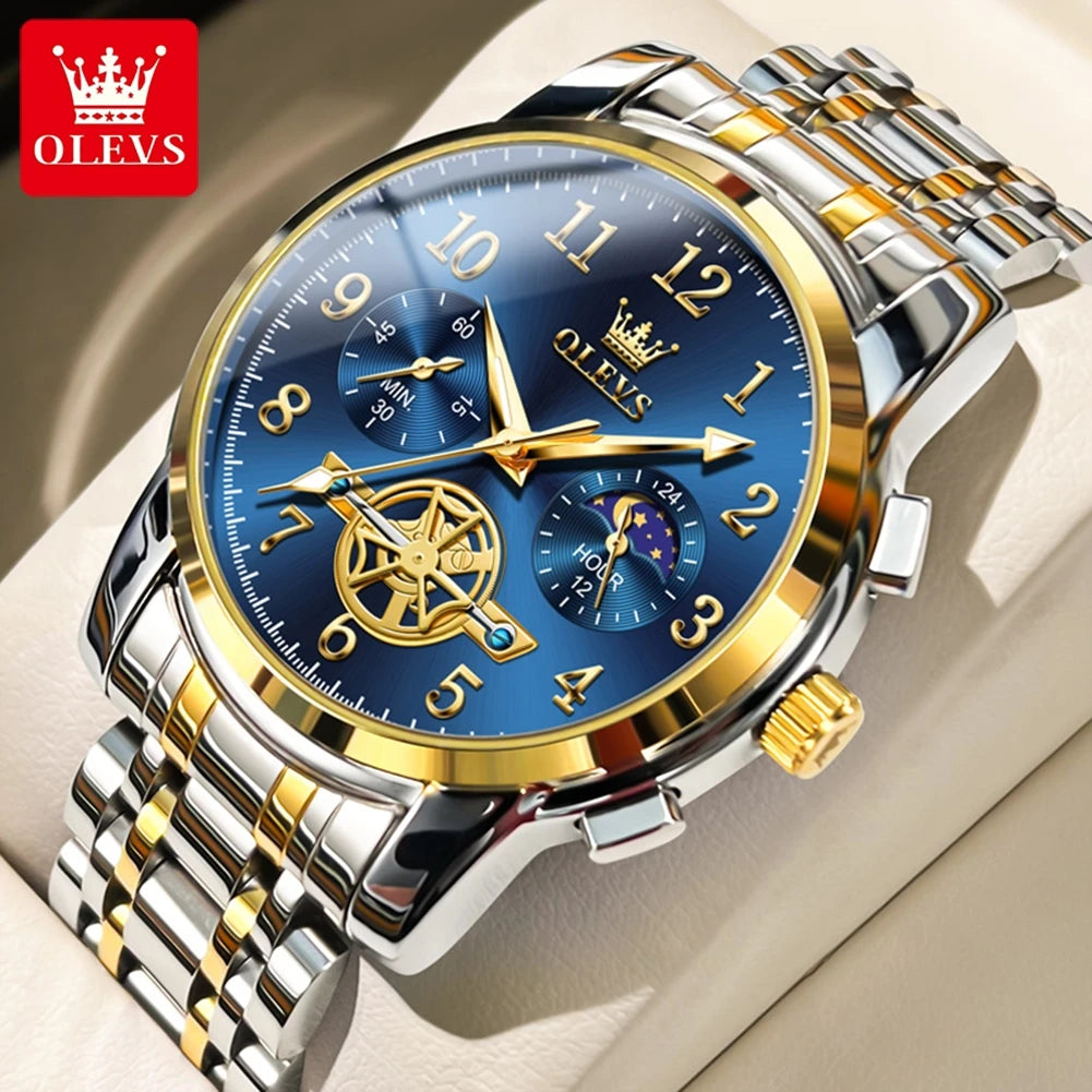 OLEVS 2900 Moon Phase Watch Men Stainless Steel Waterpoof Luminous Fashion Skeleton Chronograph Quartz Wrist Watch for Men NEW