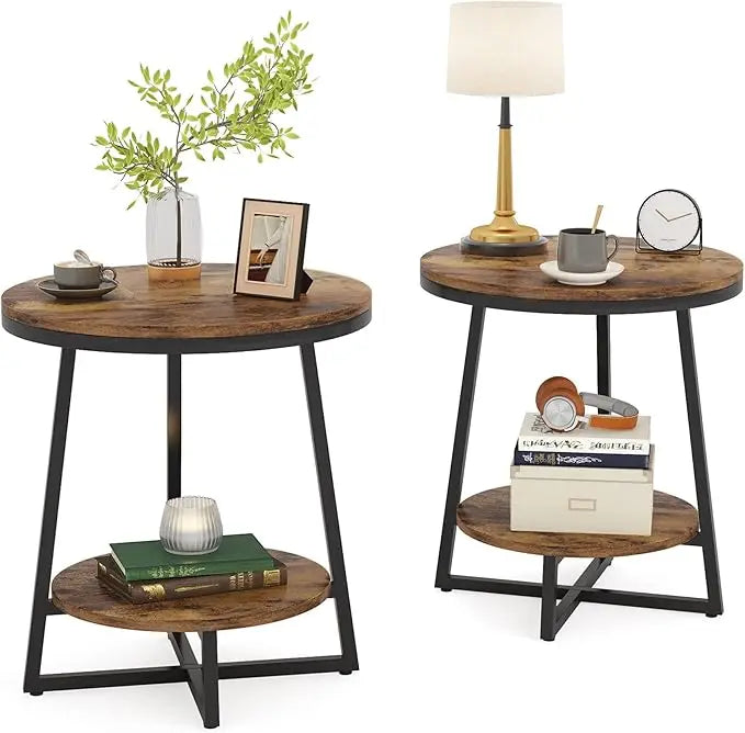 Round End Table Set of 2, 2 Tier Side Table with Storage Shelf